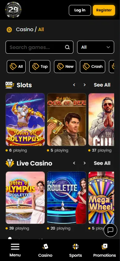 29Black Casino mobile view