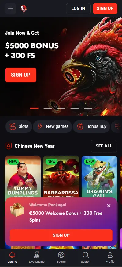 Rooster Bet Casino mobile view