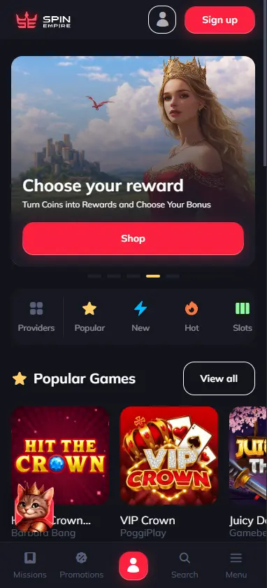 SpinEmpire Casino mobile view