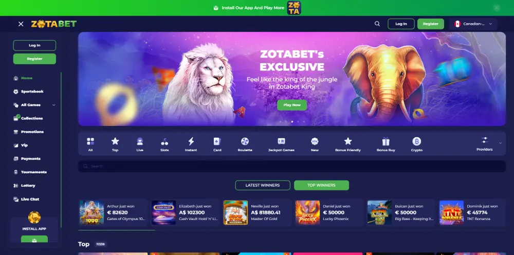 ZotaBet Casino desktop view