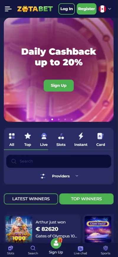 ZotaBet Casino mobile view